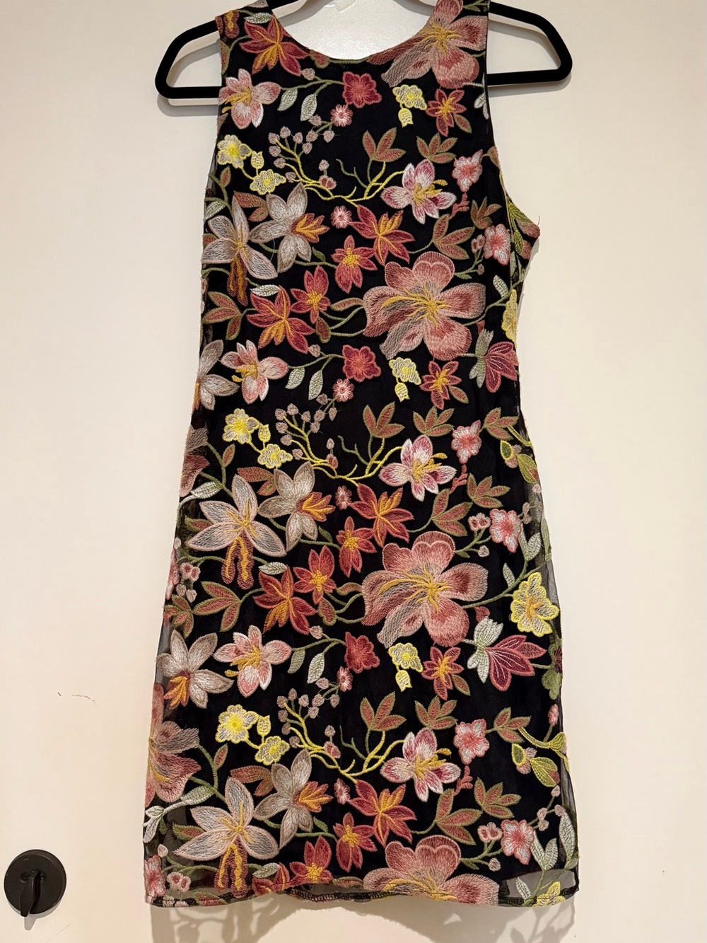 Sam Edelman Black Midi Dress with Pink, Yellow & Green Floral Embroidery